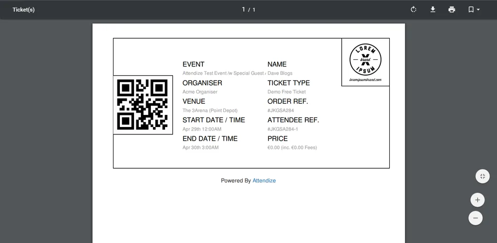 Attendize ticket PDF