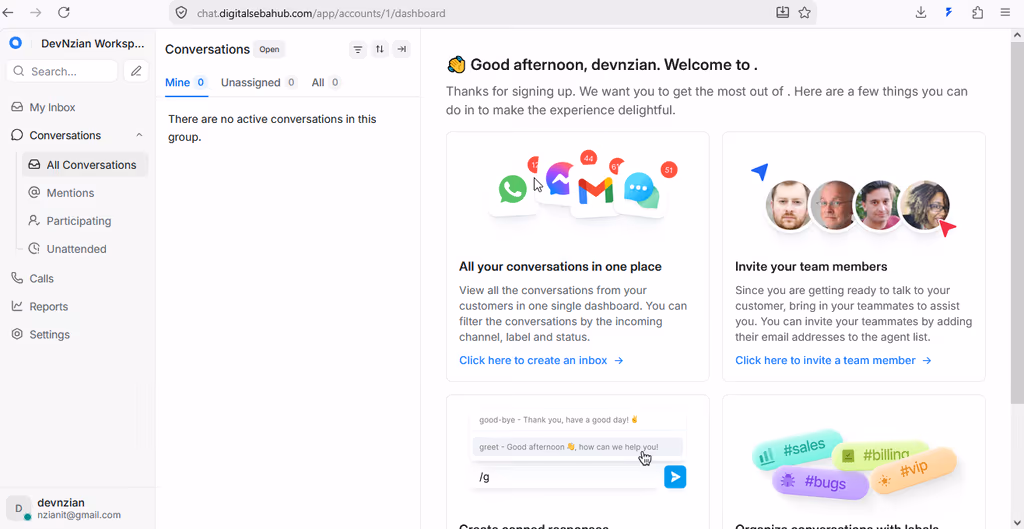 Chatwoot dashboard and inbox overview