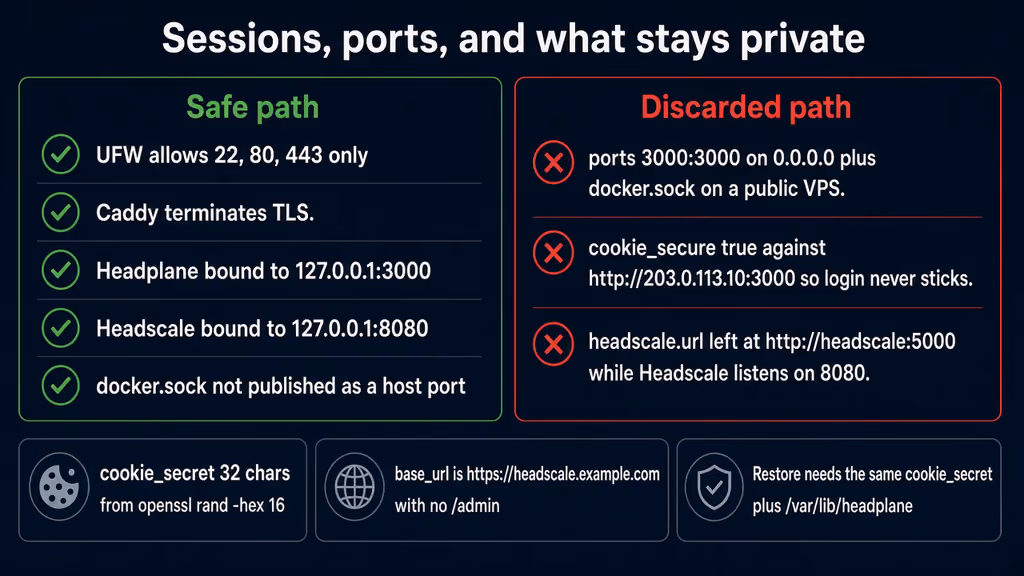 Sessions stay on loopback; 3000 and docker.sock stay off the public IPv4