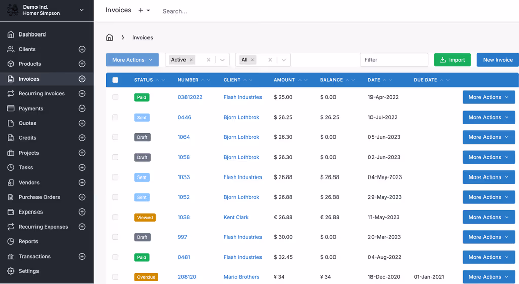 invoice Ninja dashboard