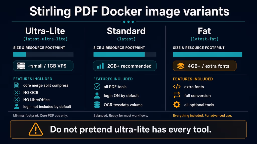  Stirling PDF Docker image variants compared